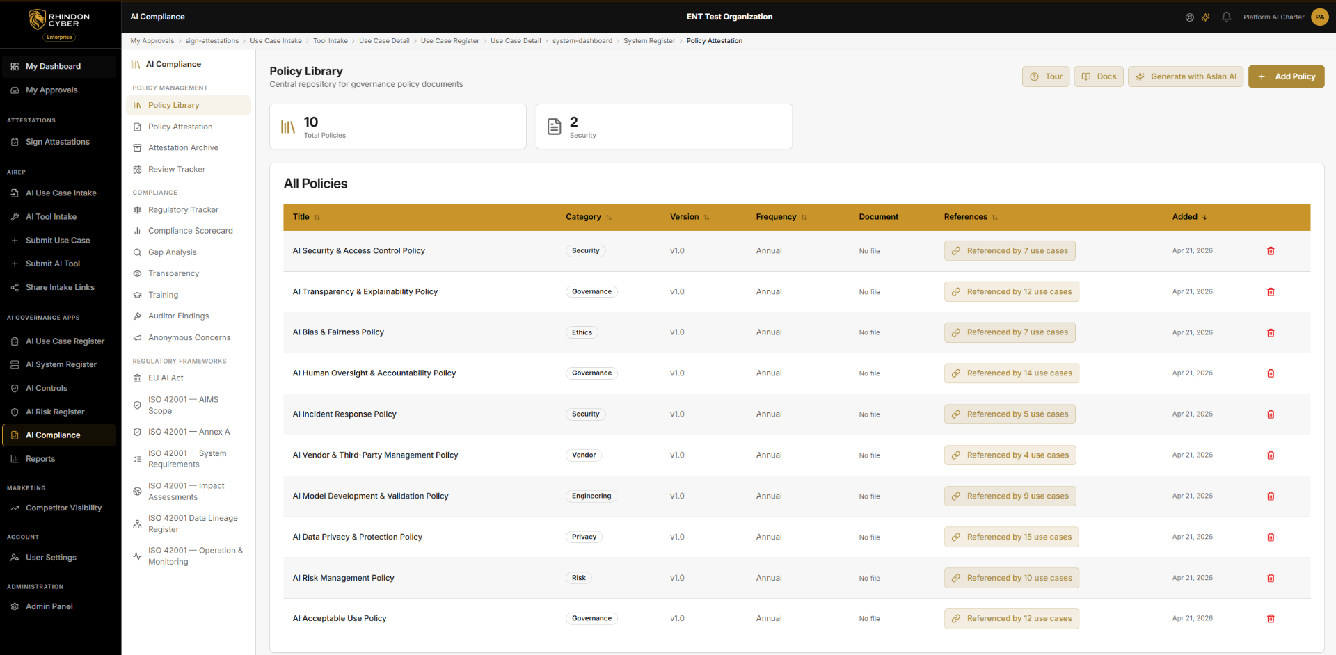 RAIC AI Compliance dashboard showing the policy library with version, frequency, and use case references