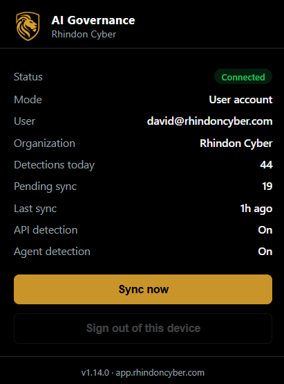 RAIC browser extension popup showing connection status, detections today, and sync controls