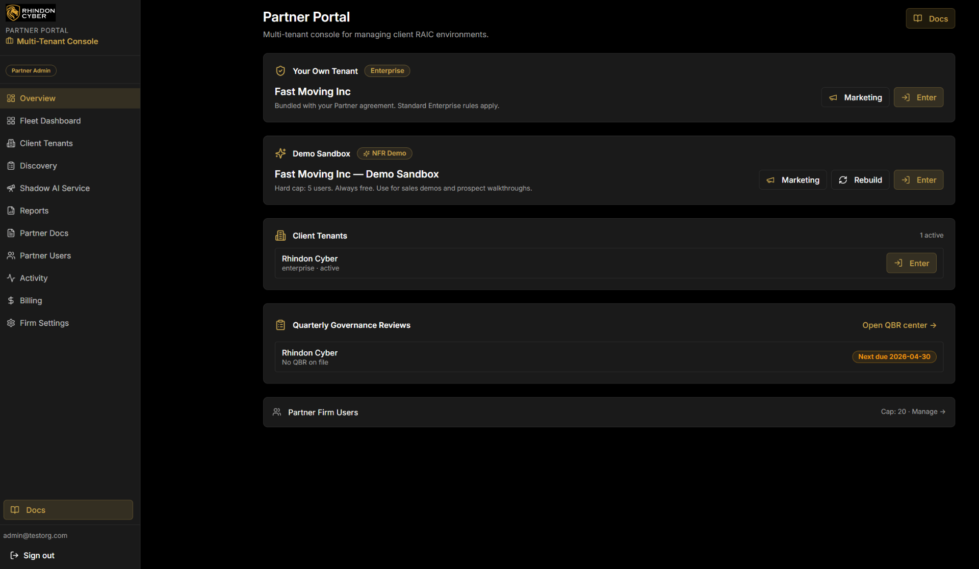 RAIC Partner Portal — multi-tenant console showing the firm's own tenant, NFR Demo Sandbox, client tenants, and Quarterly Governance Reviews