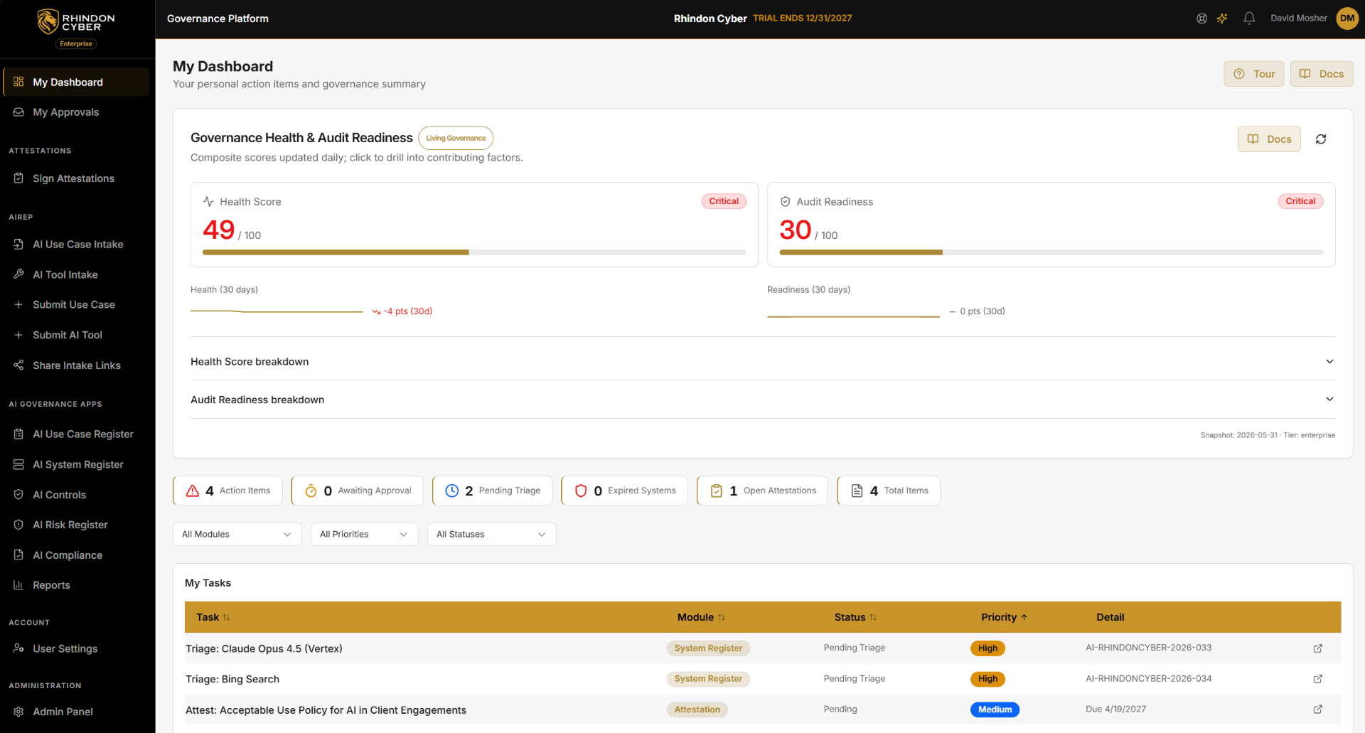 RAIC My Dashboard — Governance Health and Audit Readiness scores, action items, attestations, and triage tasks in one view for lean teams.